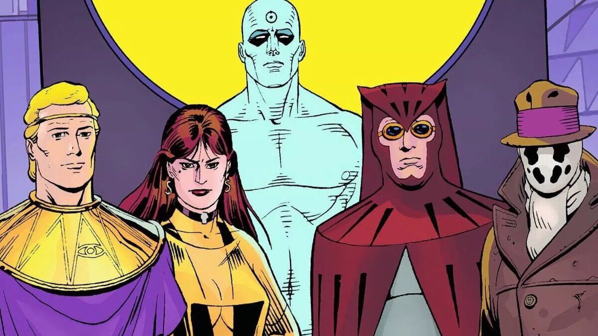 Lima karakter dari graphic novel Watchmen, salah satunya seorang wanita dengan anting-anting berhuruf S